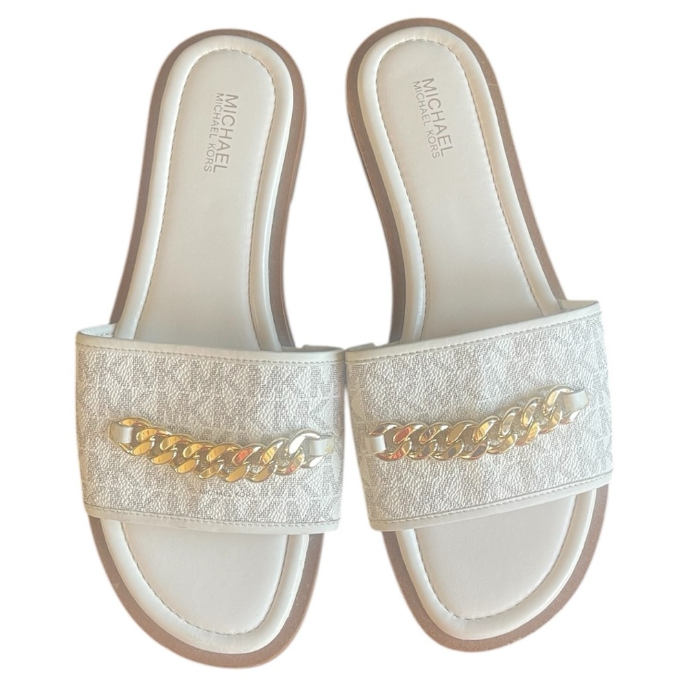 Michael Kors White Slide Sandals with Gold Chain size 8
